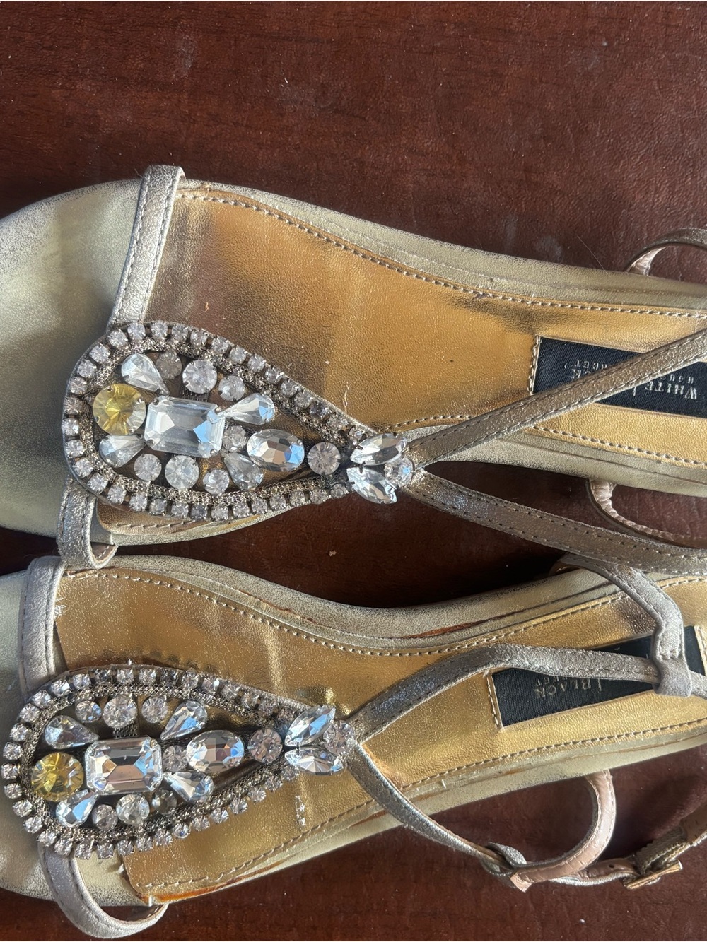 White House Black Market Metallic Champagne Jeweled T-Strap Sandals